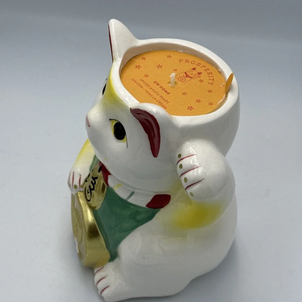 Lucky Cat Ceramic White Red Gold Prosperity Home Decor Candle Used Small Chip